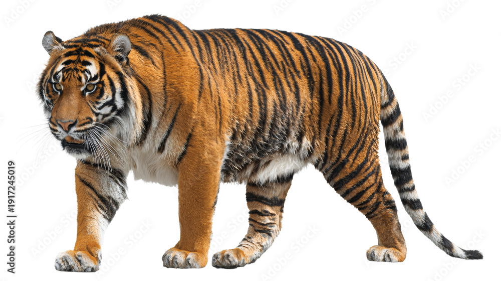 Obraz premium East Asian tiger, powerful pose, isolated on a white background