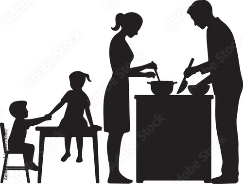 Family cooking together in kitchen silhouette mother
