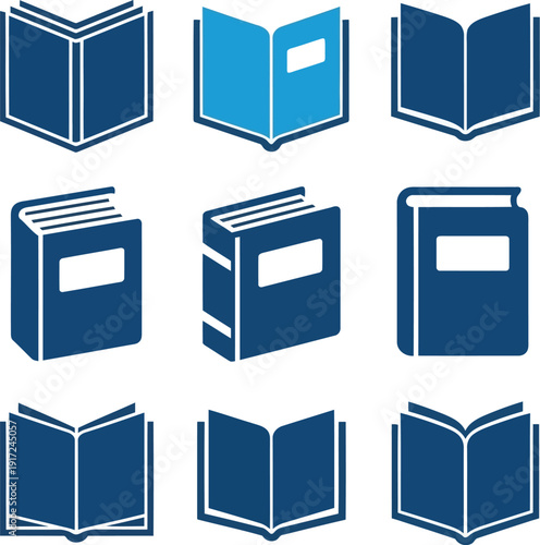Collection of blue open and closed books in flat design style for knowledge and education concepts vector