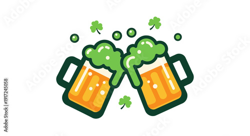 Celebrating saint patrick's day with beer mug cheers, shamrocks, and green foam on a festive occasion illustration