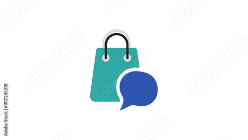 Teal shopping bag with speech bubble.