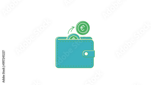 Teal wallet with coin coming out.