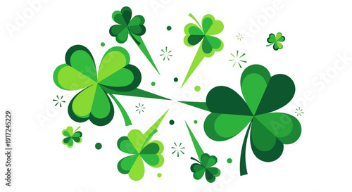 Dynamic composition of vibrant green shamrocks and four-leaf clovers, radiating a festive and lucky aura, perfect for celebrating good fortune and traditional Irish merriment