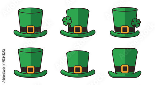 Collection of six green leprechaun hats with buckles and shamrock decorations for St. Patrick's Day celebrations, isolated on a white background