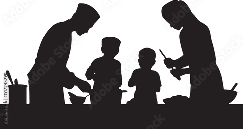 Family cooking together in silhouette kitchen parents