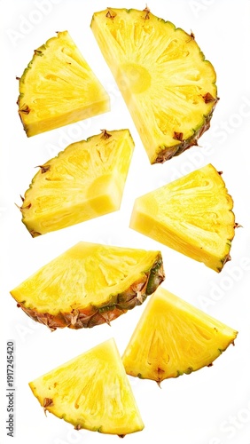 Pineapple slices fall on a stark white background