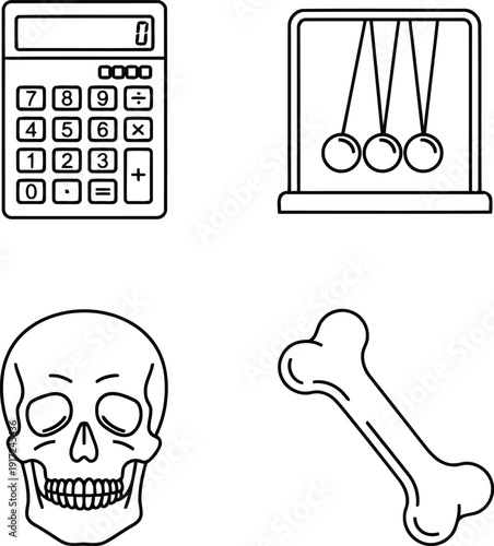 Hand drawn icons set calculator newton balls skull bone symbols science and healthcare concepts vector