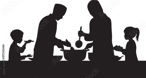 Family cooking together in silhouette parents children
