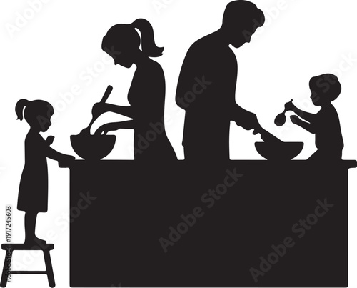 Family Cooking Together Silhouette kitchen black