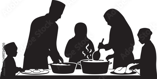 Family cooking together in silhouette with pots and plates