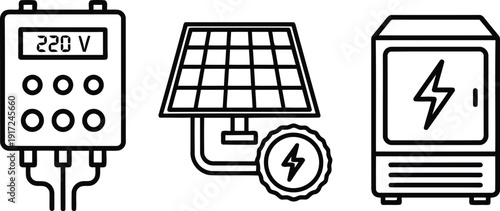 Clean energy icons set solar panel battery inverter power generator line art vector