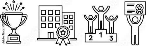 Business achievement and success icons featuring trophy award certificate podium and building outline style graphics vector