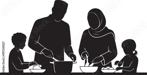 Family Cooking Together Silhouette kitchen black