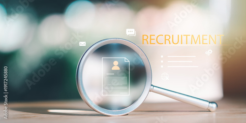 Recruitment and hiring concept illustrating resume screening, candidate analysis, and digital talent search processes. Suitable for HR technology, employee selection, recruitment platforms
