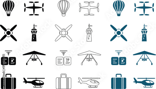 Air travel and transportation for aviation and logistics , hang glider, suitcase, helicopter, aviation, 