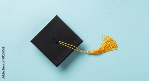 Topdown view of a graduation cap on a pastel blue background flat lay tassel elegantly curled