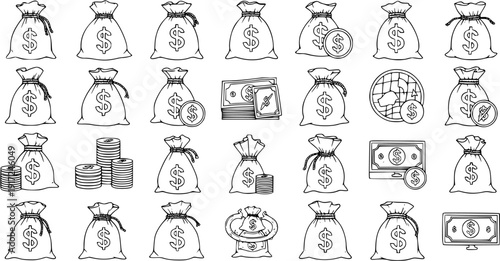 Hand-drawn Set of Money Bag, Coin, and Banknote Icons. Financial and Economic Symbols in Doodle Style.