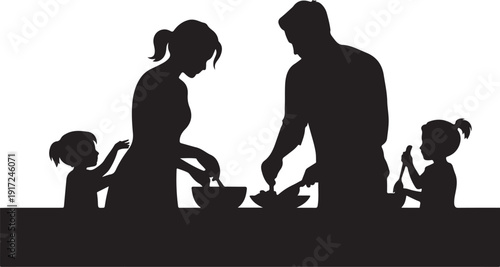 Family Cooking Together Silhouette kitchen parents