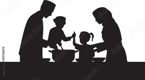 Family Cooking Together Silhouette kitchen parents