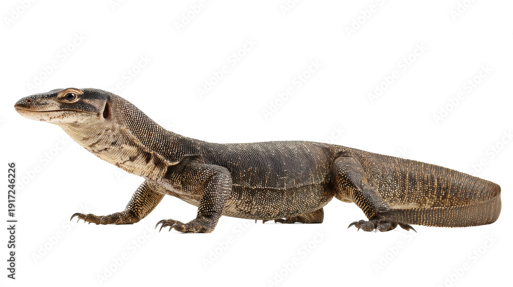 Obraz premium Water monitor reptile, side profile, isolated on a white background,