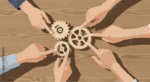 Teamwork and collaboration multiple hands connecting gears on a wooden surface, symbolizing shared effort and problem-solving