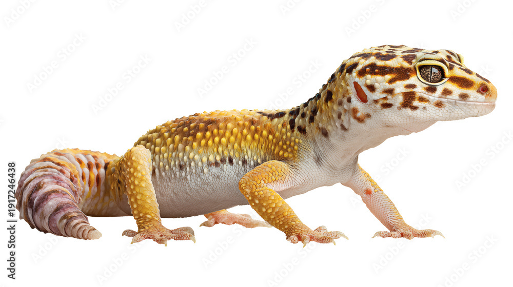 Fototapeta premium Leopard gecko reptile spotted skin, isolated on a white background