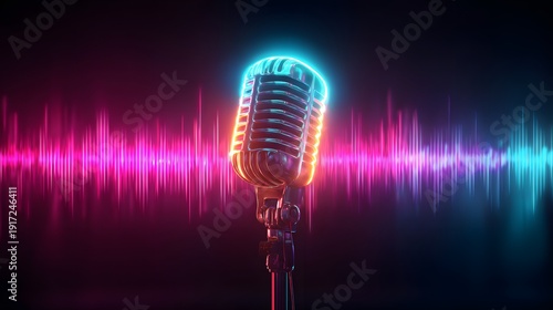 Vintage Microphone with Neon Sound Waves on Dark Background.