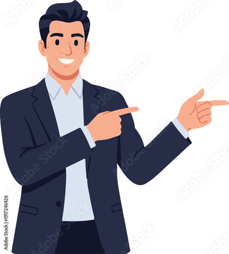 Professional businessman pointing with both hands to highlight a product or service with a bright smile