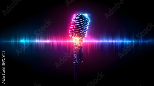 Vintage Microphone with Vibrant Neon Light and Sound Waves on Black Background.