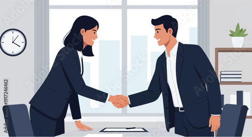 Professional business people in formal attire shaking hands to finalize a successful agreement or partnership in a contemporary office setting with a cityscape view