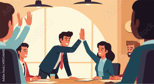 Dynamic team celebrates a successful achievement with a high-five during a productive business meeting, fostering synergy and shared accomplishments in a collaborative work environment