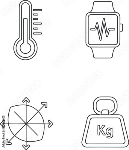 Health and measurement icons set thermometer smartwatch weight scale compass simple line art vector vector