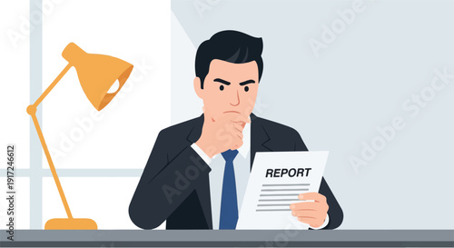 Focused businessman in suit examining a report at his desk under an adjustable lamp, business analysis and research concept