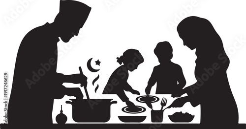 Family Cooking Together Silhouette with Crescent Moon Symbol