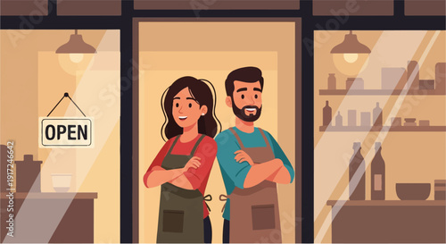 Small business owners standing proudly at the entrance of their shop with arms crossed