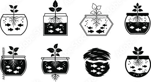 Black and white of plants growing in fishbowls with fish aquarium roots