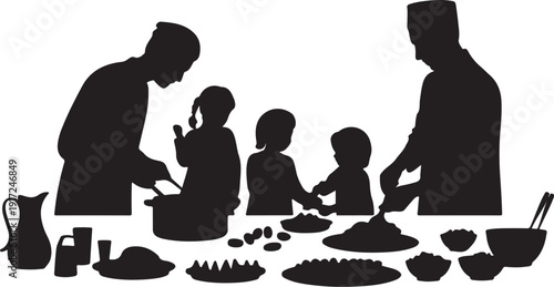 Family cooking together with various food on table