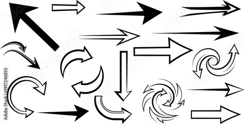 Collection of various black and white arrows on a white background
