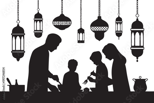 Family cooking together under hanging lanterns silhouette