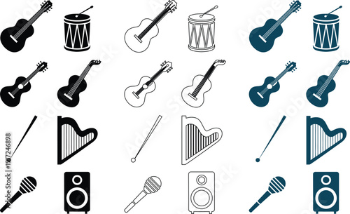 Collection of musical instruments and audio equipment in various styles