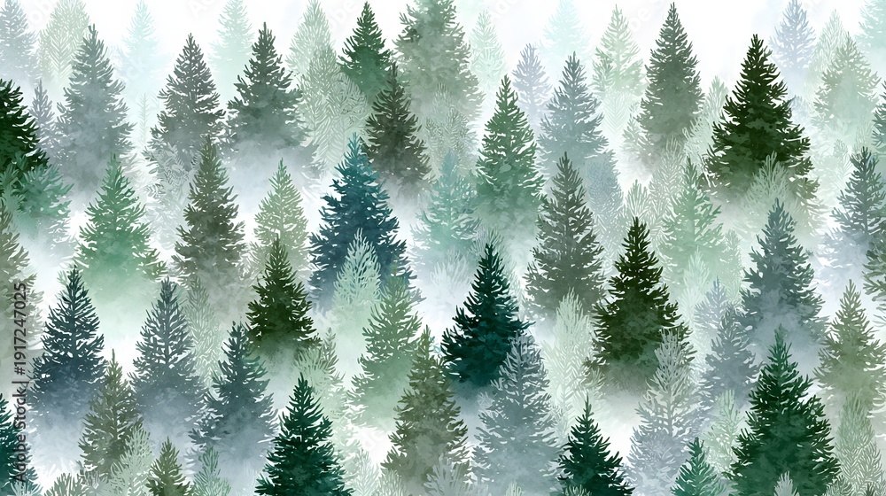 Fototapeta premium Watercolor Pine Forest Landscape with Misty Green Trees.