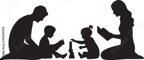 Family reading and playing together silhouette children