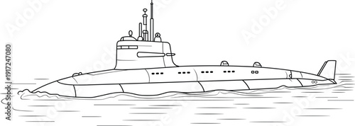 Submarine line art illustration, military naval underwater vessel silhouette isolated showing ocean transport defense technology for maritime design creative projects