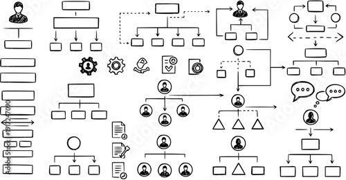 Hand-Drawn Business Flowcharts, Organizational Charts, and Process Management Icons Set for Strategy and Workflow Visualization