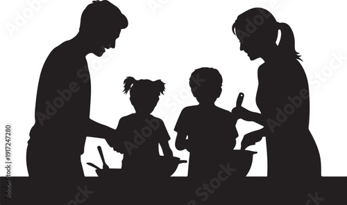 Family silhouette cooking together in kitchen parents