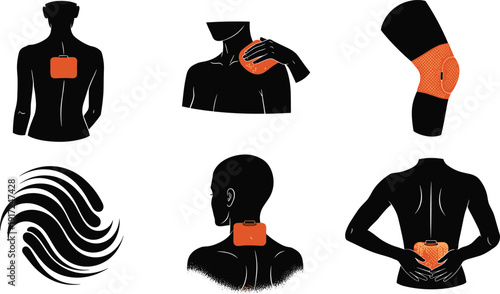 Black silhouettes of people using orange heating pads on neck and back pain relief