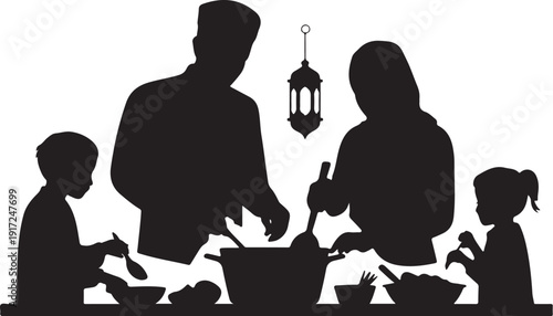 Family silhouettes eating dinner with lantern overhead