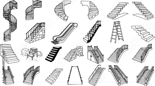 Collection of Hand-Drawn Various Types of Stairs, Steps, Escalators, and Ladders in Black and White Sketch Style, Architectural Elements Isolated on White Background.