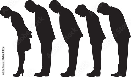 Five silhouettes of people bowing their heads in a row