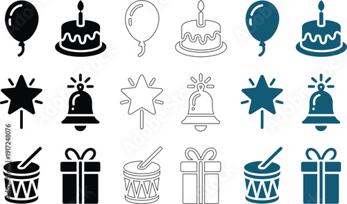 Festive celebration including cake balloons sparklers drums and gifts